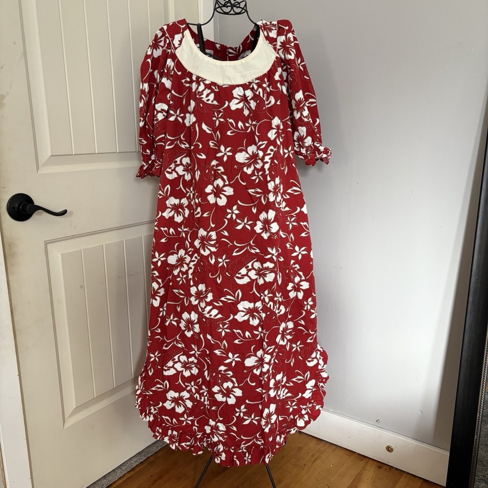 Hilo Hattie Hawaiian Dress Size L Red White Hibiscus Floral Ruffle Bow Muumuu